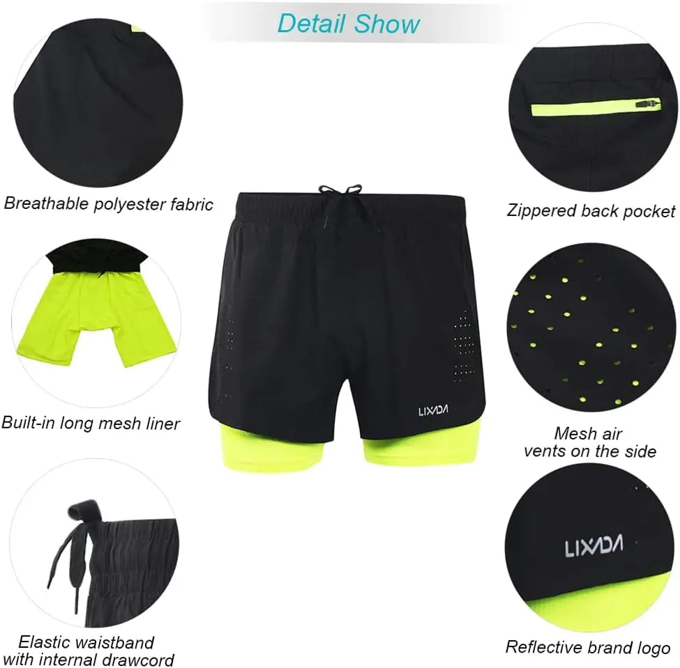 Men'S 2-In-1 Running Shorts Quick Drying Breathable Active Training Exercise Jogging Cycling Shorts with Longer Liner