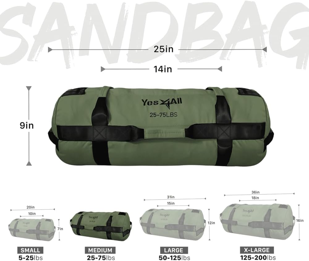 Yes4All Adjustable Sandbags - Heavy Duty Weight Sand Bags with Filler Bags for Fitness, Workout, Crossfit Training - Army Green - M The Champ Gear