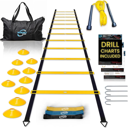 Agility Ladder Set - Enhance Speed, Coordination and Strength for Soccer and Ground Footwork Workouts, Includes 10 Cones, 3 Resistance Bands and Jump Rope