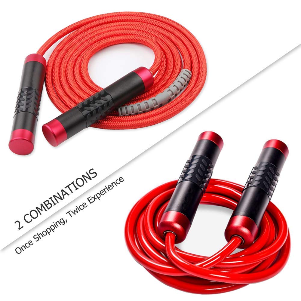 Redify Weighted Jump Rope for Workout Fitness(1LB), Tangle-Free Ball Bearing Rapid Speed Skipping Rope for MMA Boxing Weight-loss,Aluminum Handle Adjustable Length 9MM Fabric Cotton+9MM Solid PVC Rope The Champ Gear