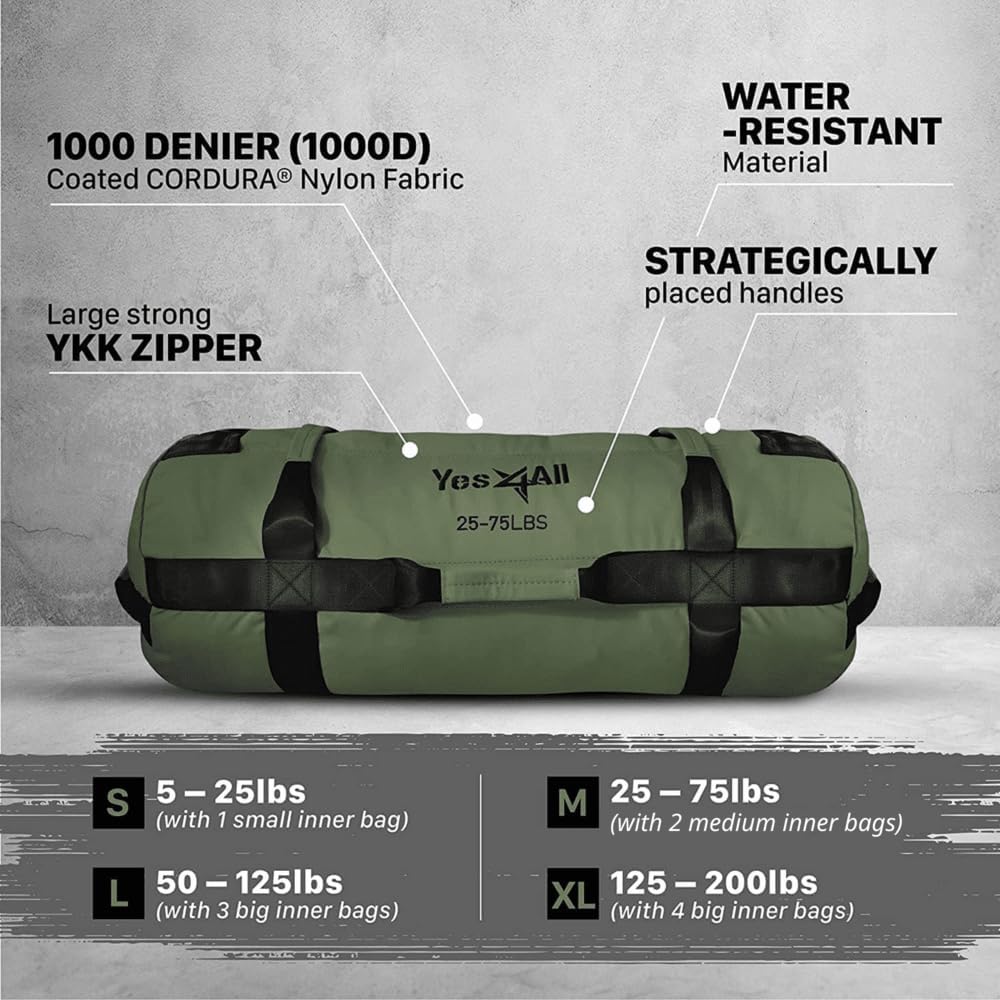 Yes4All Adjustable Sandbags - Heavy Duty Weight Sand Bags with Filler Bags for Fitness, Workout, Crossfit Training - Army Green - M The Champ Gear