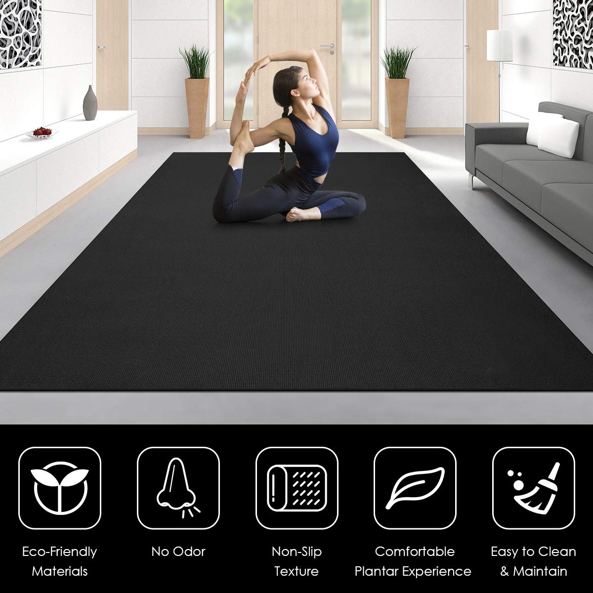 Goplus Large Yoga Mat, 7' x 5' x 8mm and 6' x 4' x 8mm with Straps, Eco Friendly Extra Thick Non Slip Barefoot Fitness Exercise Mat for Home Gym Floor Cardio Workout The Champ Gear