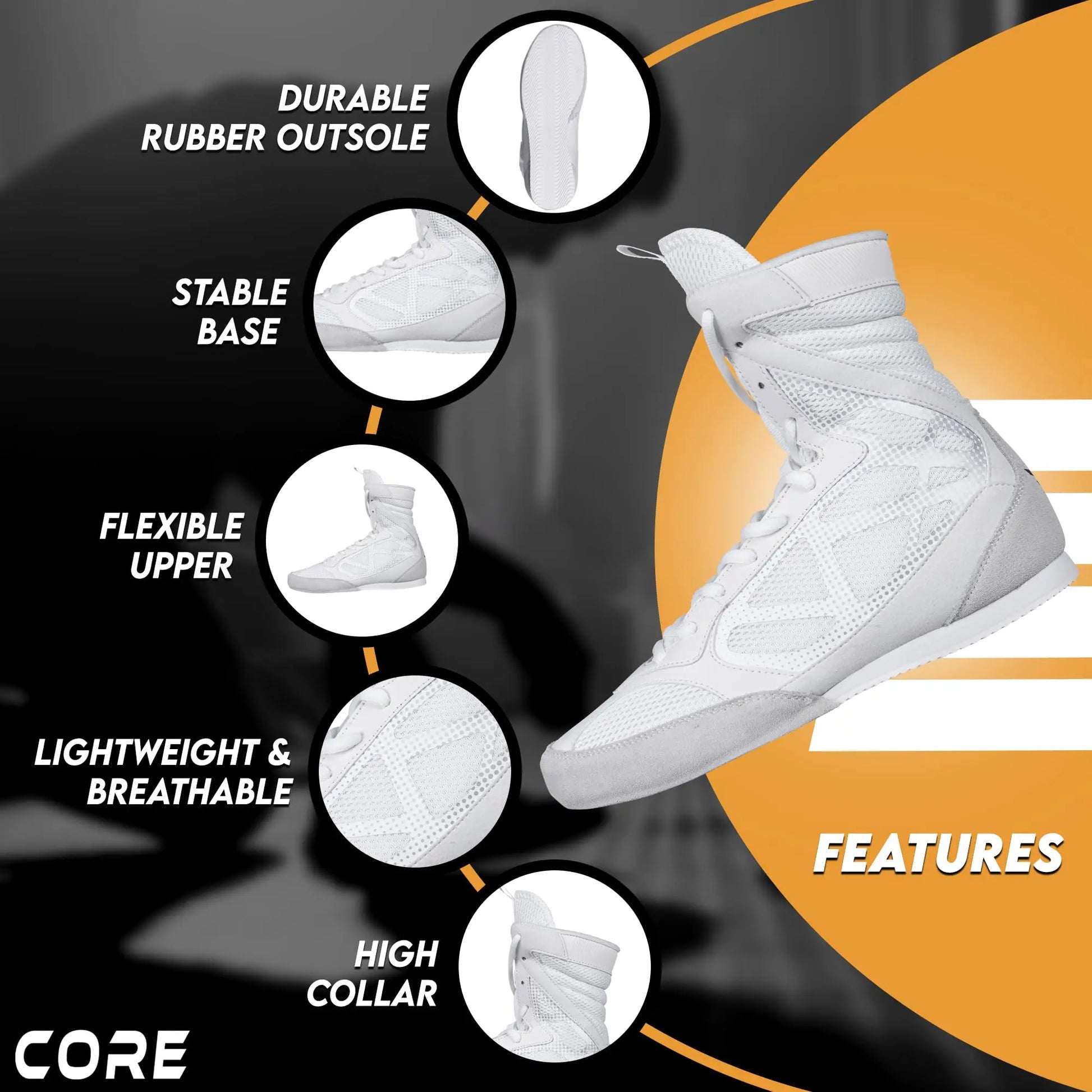 CORE Boxing Shoes White – Lightweight Boxing Shoes for Men & Women - Boxing Training Shoes with High Support – High Traction Boxing Boots The Champ Gear