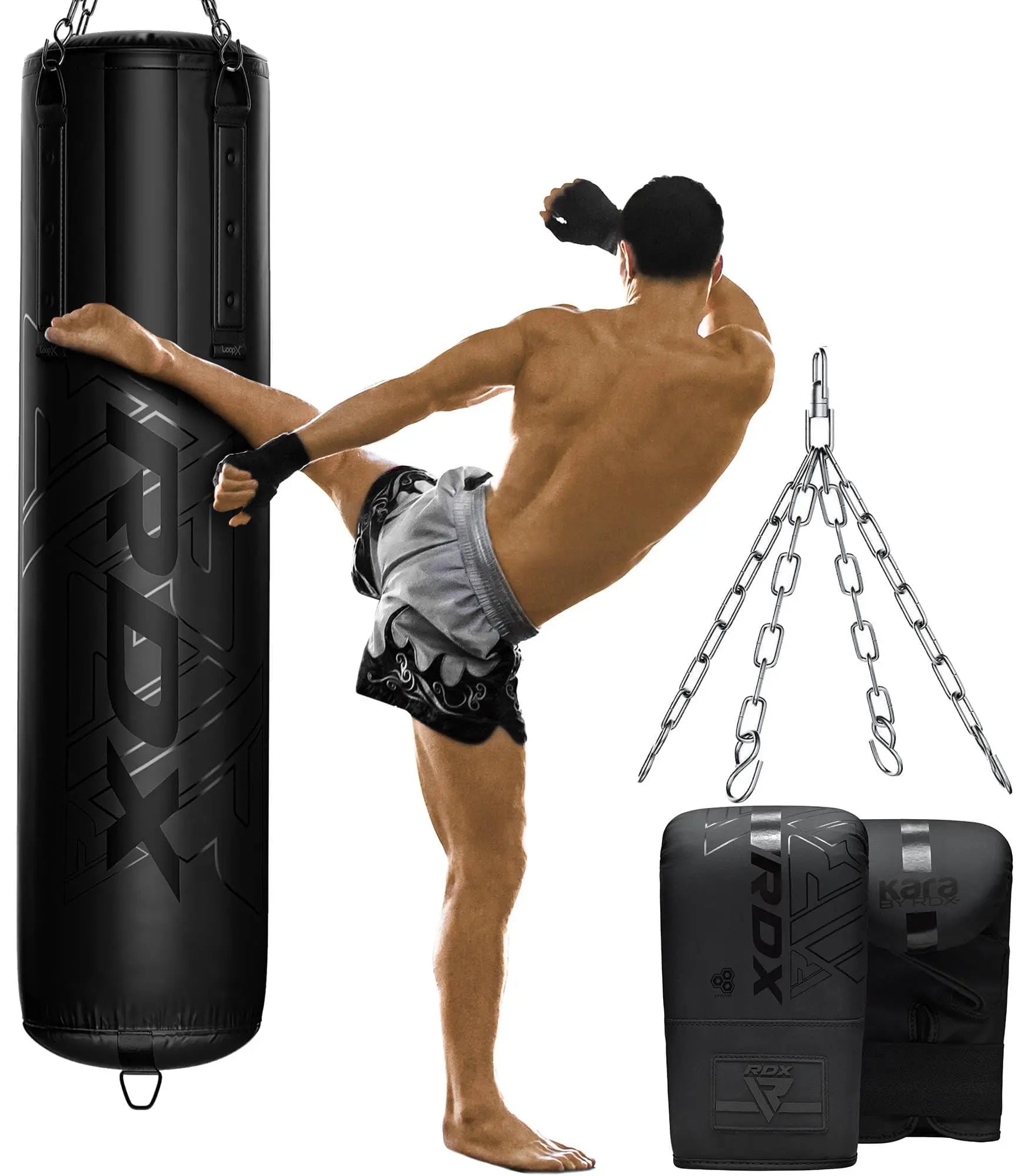 RDX Heavy 5FT Punch Bag for Pro Training, 25KG Pre Filled with 50KG Max Filling Capacity, 3PC Boxing Bag Set with Gloves Hanging Steel Chain, Kickboxing MMA Muay Thai BJJ Karate Home Gym Fitness The Champ Gear