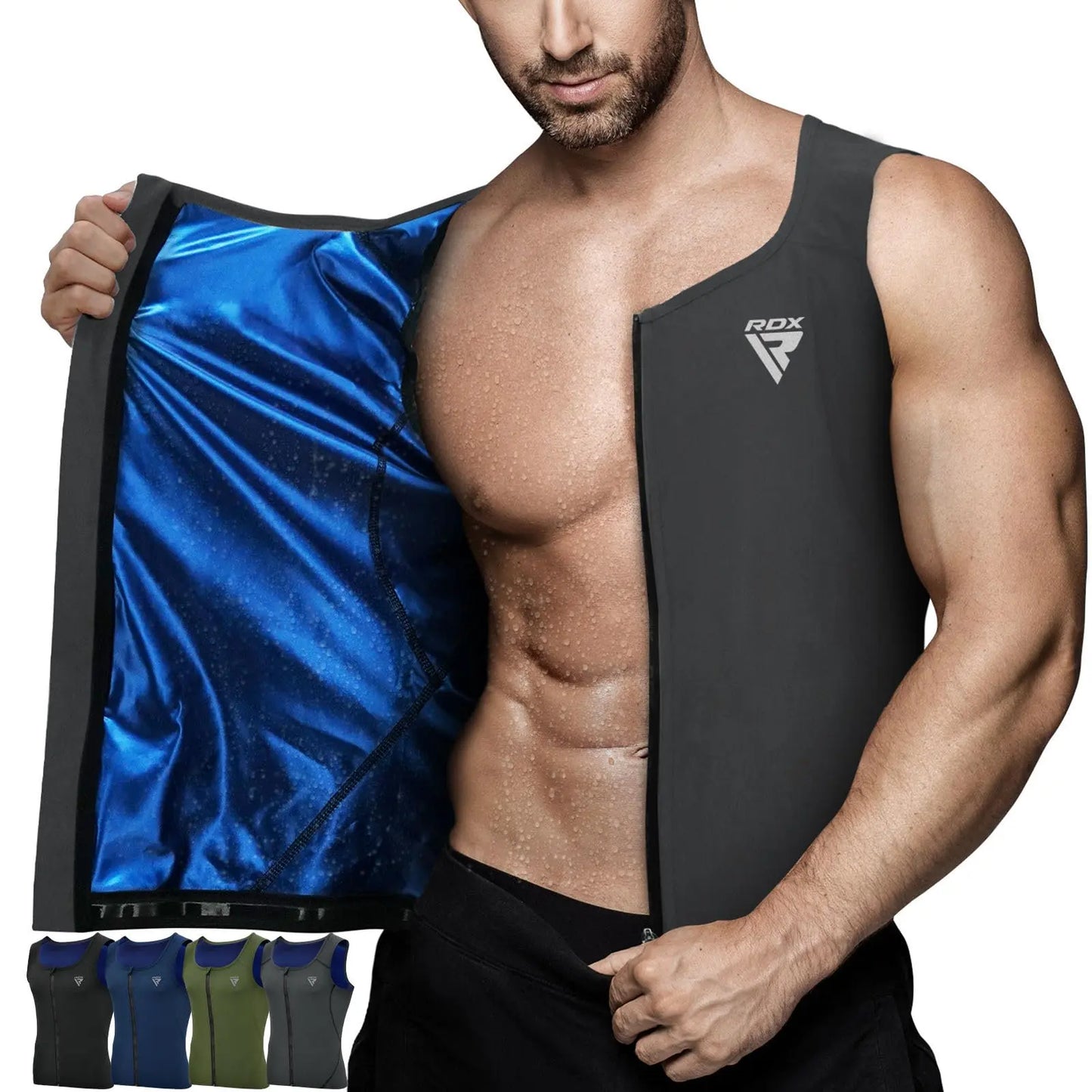 RDX Men's Sauna Vest Heat Trapping Sweat Waist Trainer - REACH OEKO TEX 100 Certified Body Shaper - Zipper - Fitness Tank Top The Champ Gear