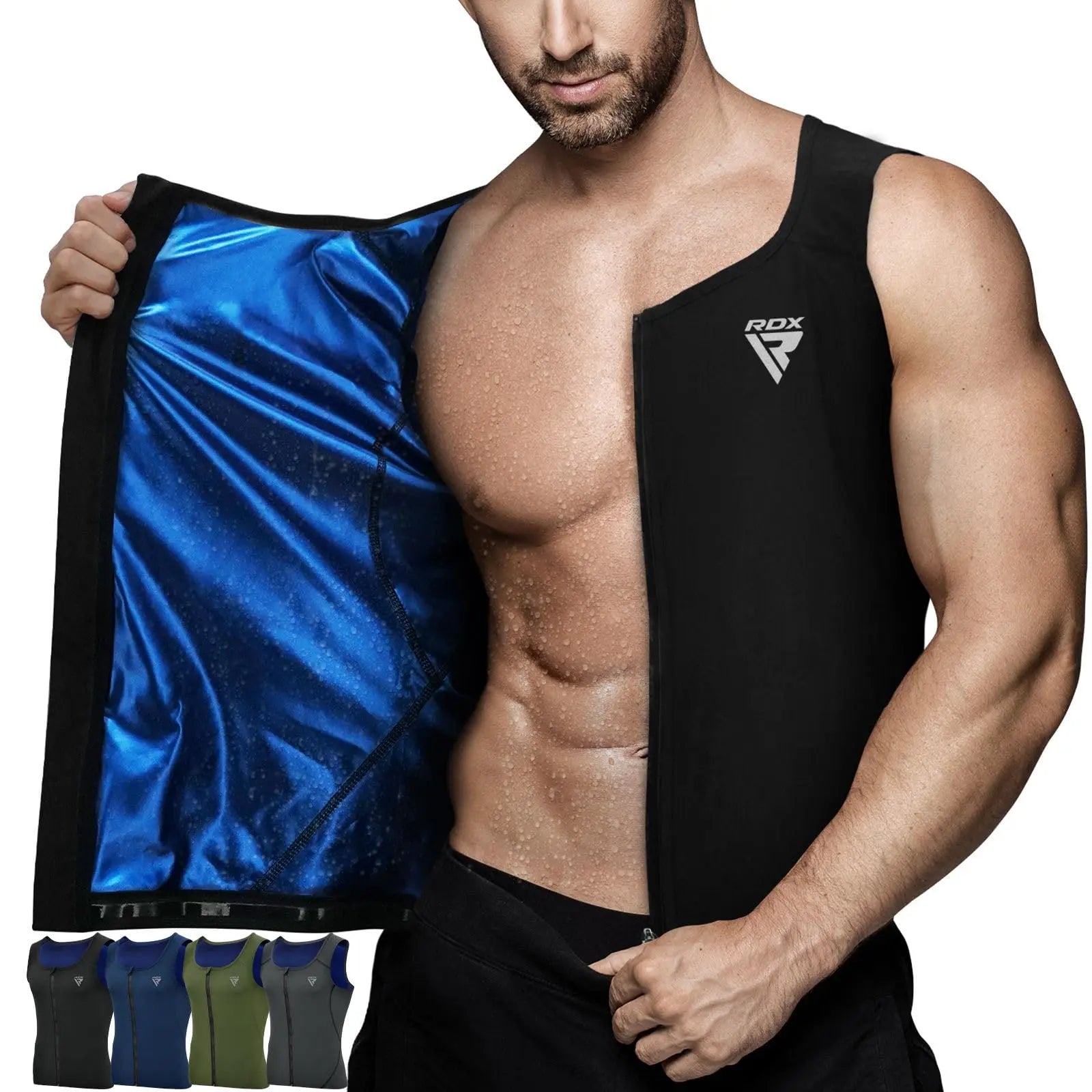 RDX Men's Sauna Vest Heat Trapping Sweat Waist Trainer - REACH OEKO TEX 100 Certified Body Shaper - Zipper - Fitness Tank Top The Champ Gear