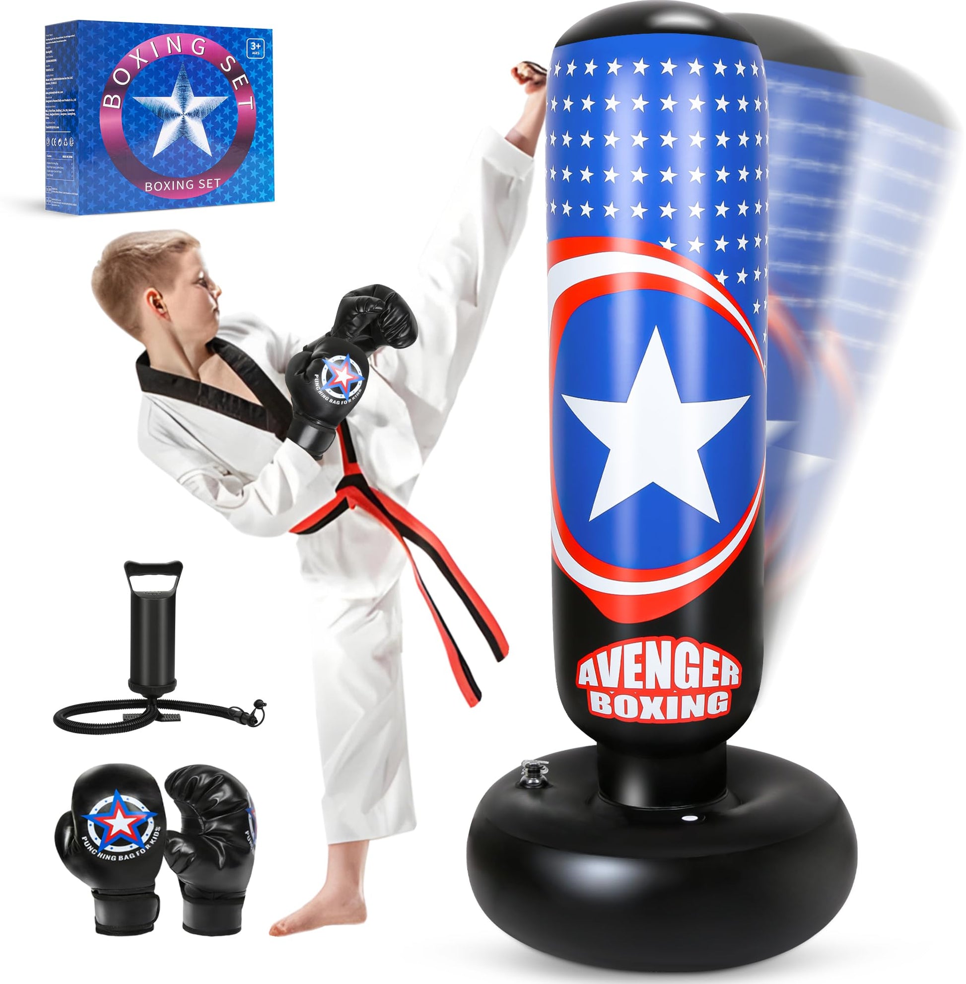 YasinKidz Punching Bag for Kids, All Star 66 Inch Kids Punching Bag with Gloves Inflatable Boxing Bag for Kids Karate, Taekwondo, MMA The Champ Gear