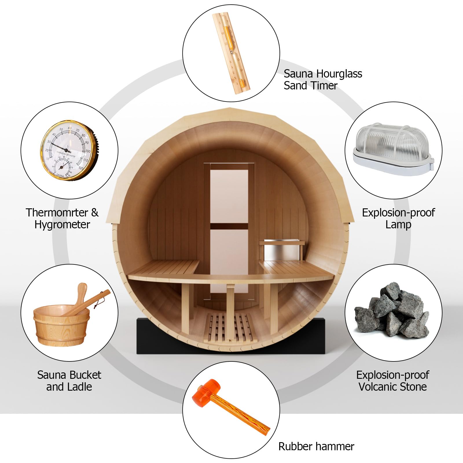 iDOTODO Outdoor Wooden Panoramic Barrel Sauna, 6-8 Person Sauna Room, 220V，6kw Harvia Electric Heater with Sauna Stone, Sauna Accessories and Asphalt Shingle Roof (Red Ceder) The Champ Gear