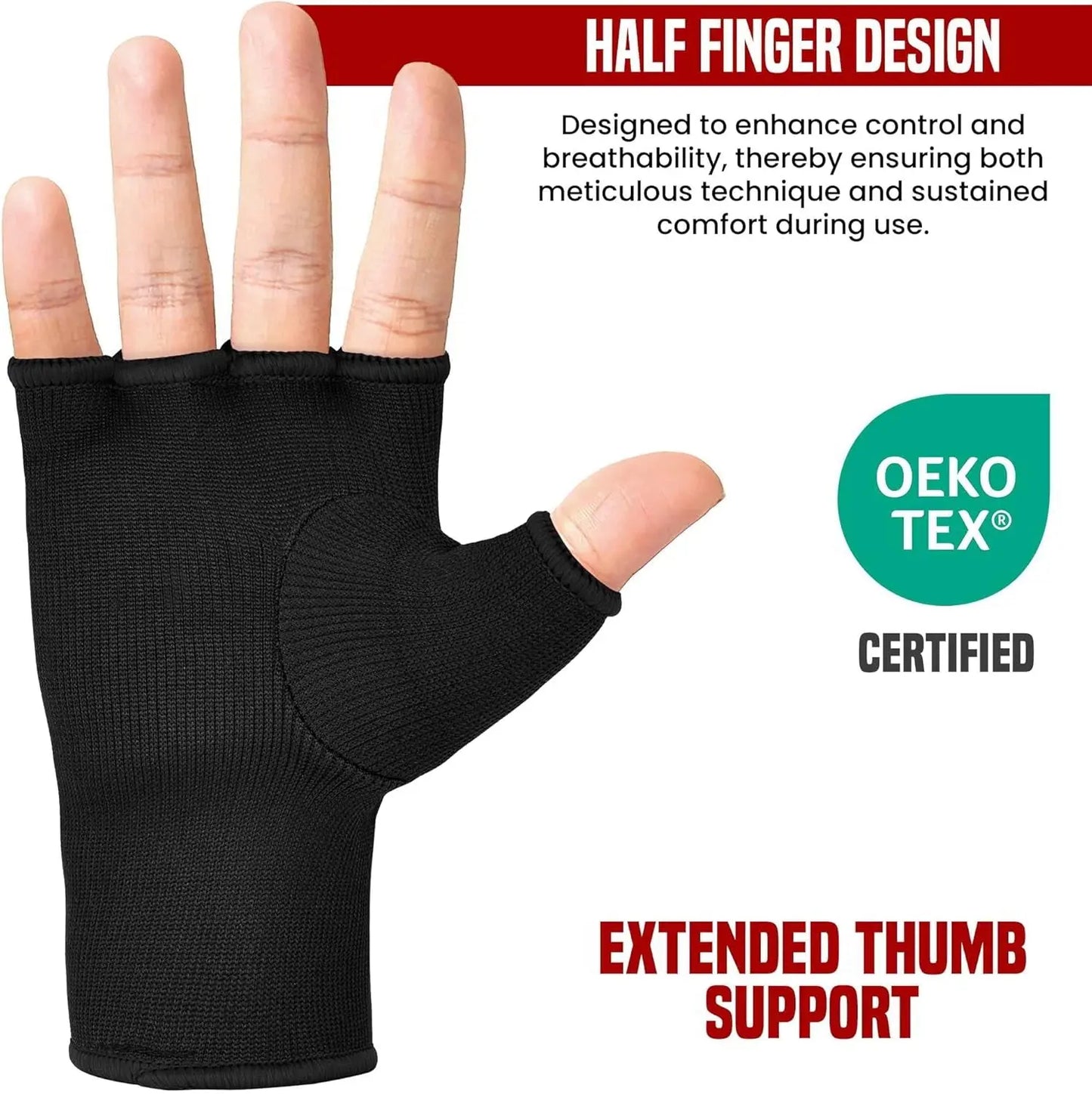 Boxing Hand Wraps Inner Gloves for Punching - Half Finger Elasticated Bandages under Mitts Fist Protection - Great for MMA, Kickboxing, Martial Arts Training & Combat Sports