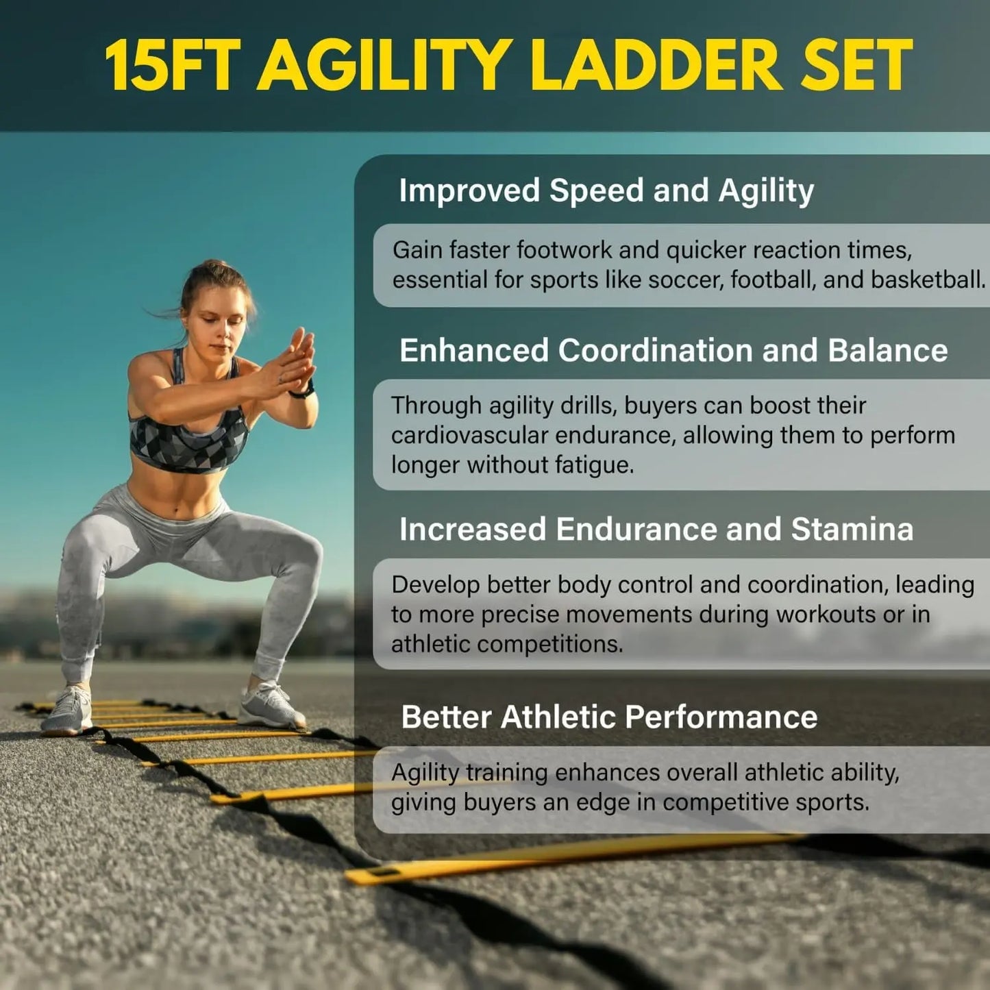 Agility Ladder Set - Enhance Speed, Coordination and Strength for Soccer and Ground Footwork Workouts, Includes 10 Cones, 3 Resistance Bands and Jump Rope