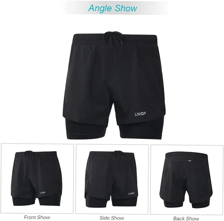 Men'S 2-In-1 Running Shorts Quick Drying Breathable Active Training Exercise Jogging Cycling Shorts with Longer Liner