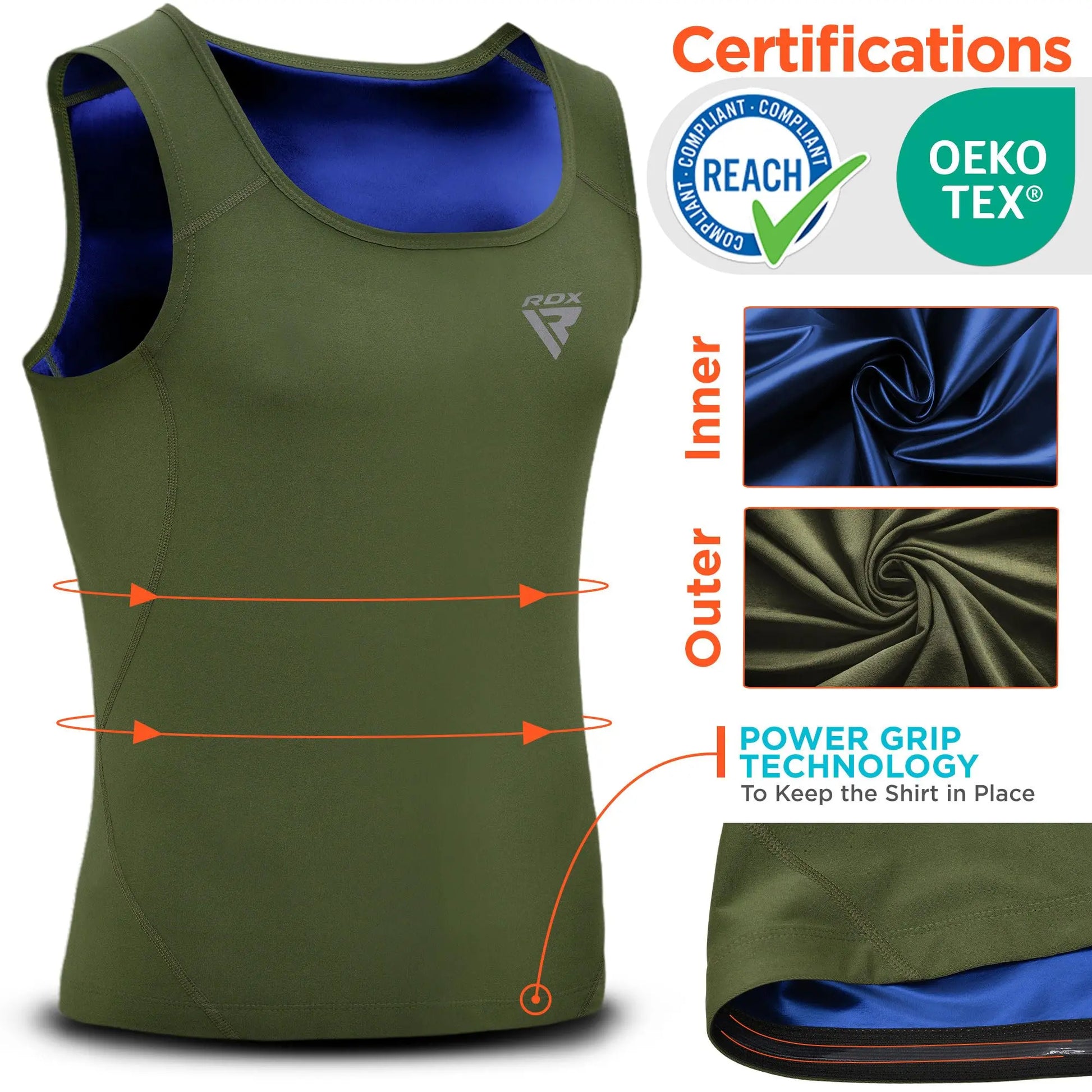 RDX Men's Sauna Vest Heat Trapping Sweat Waist Trainer - REACH OEKO TEX 100 Certified Body Shaper - Zipper - Fitness Tank Top The Champ Gear