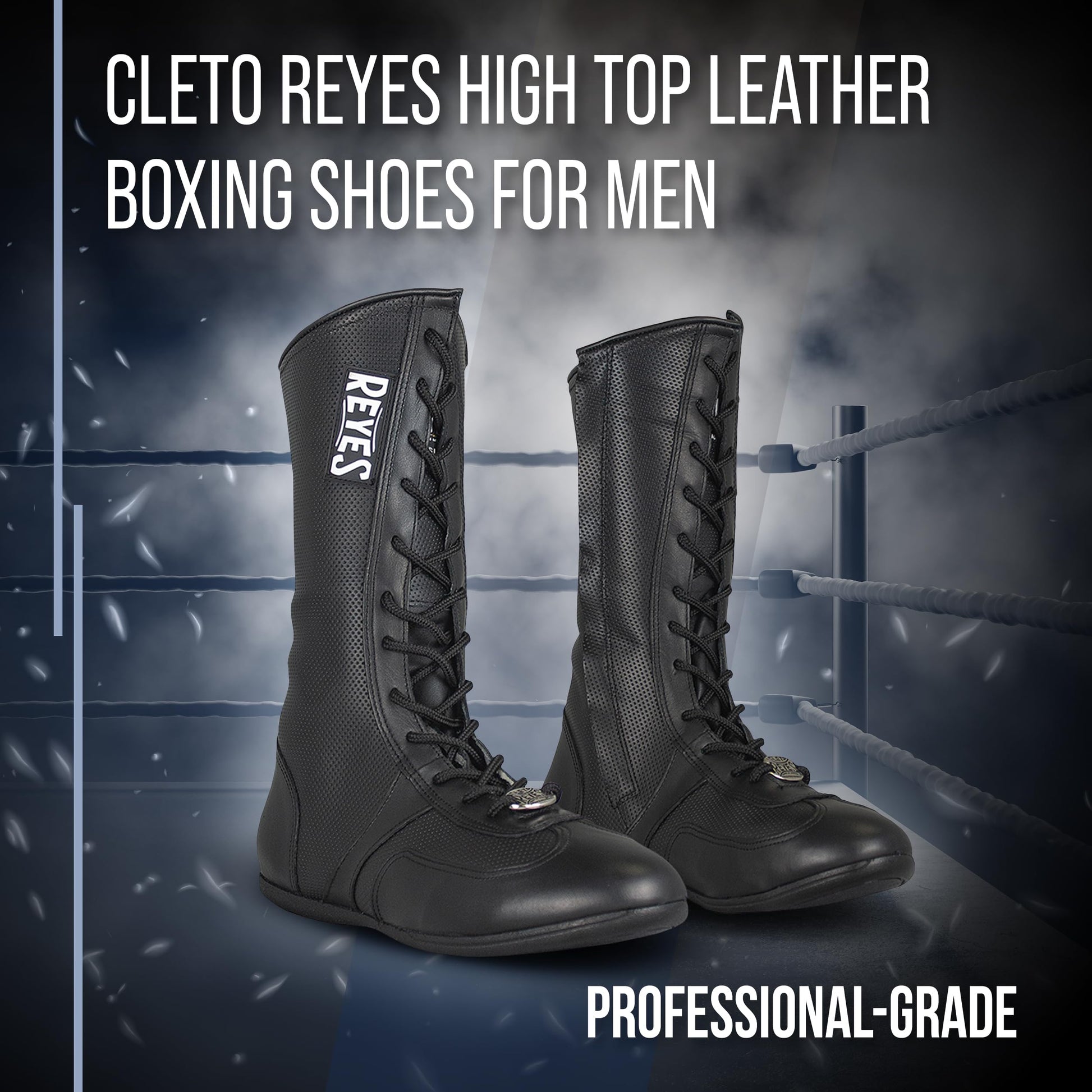 CLETO REYES High Top Leather Boxing Shoes for Men, Professional Old School Boots for MMA, Kickboxing, Muay Thai, Lace Up, Black The Champ Gear