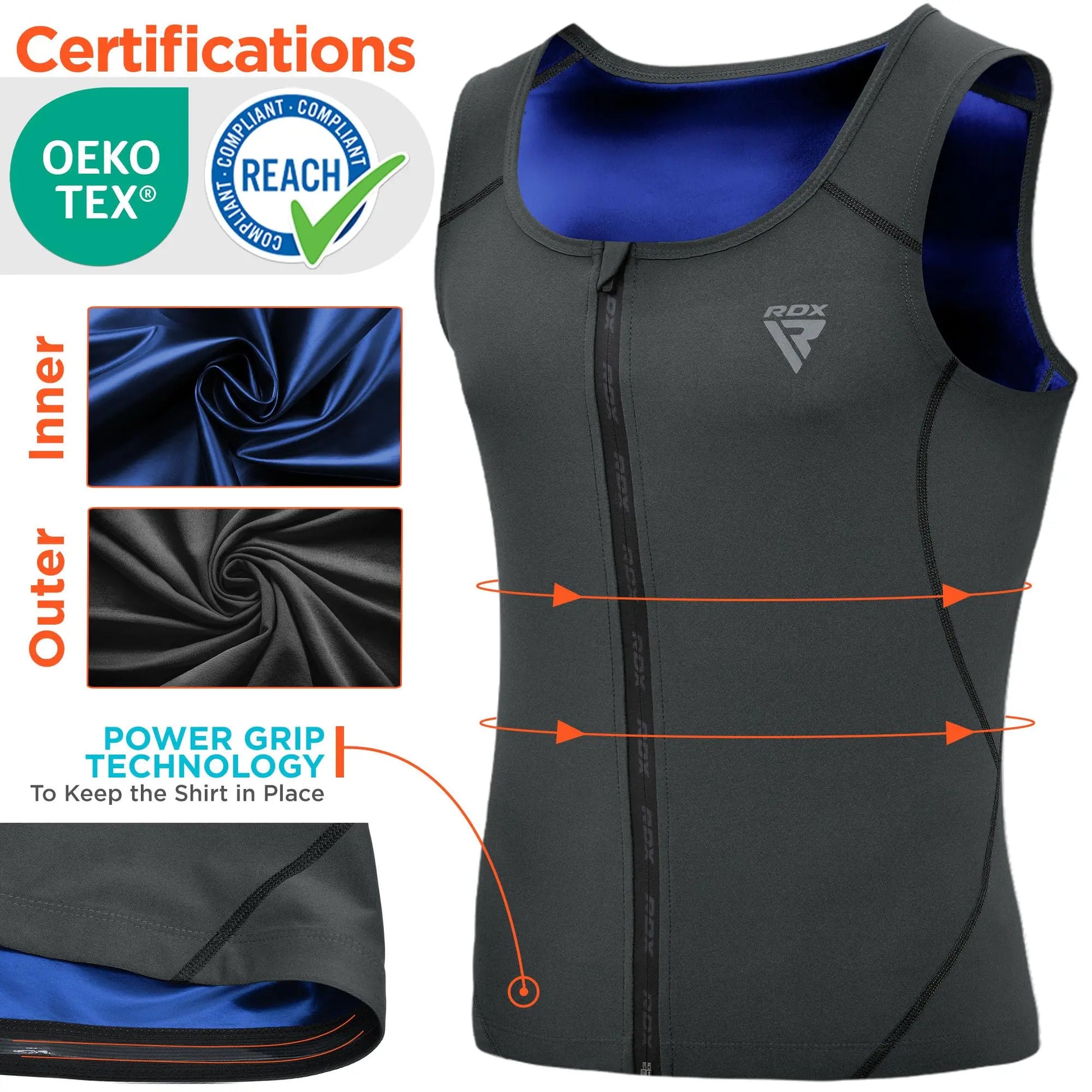 RDX Men's Sauna Vest Heat Trapping Sweat Waist Trainer - REACH OEKO TEX 100 Certified Body Shaper - Zipper - Fitness Tank Top The Champ Gear