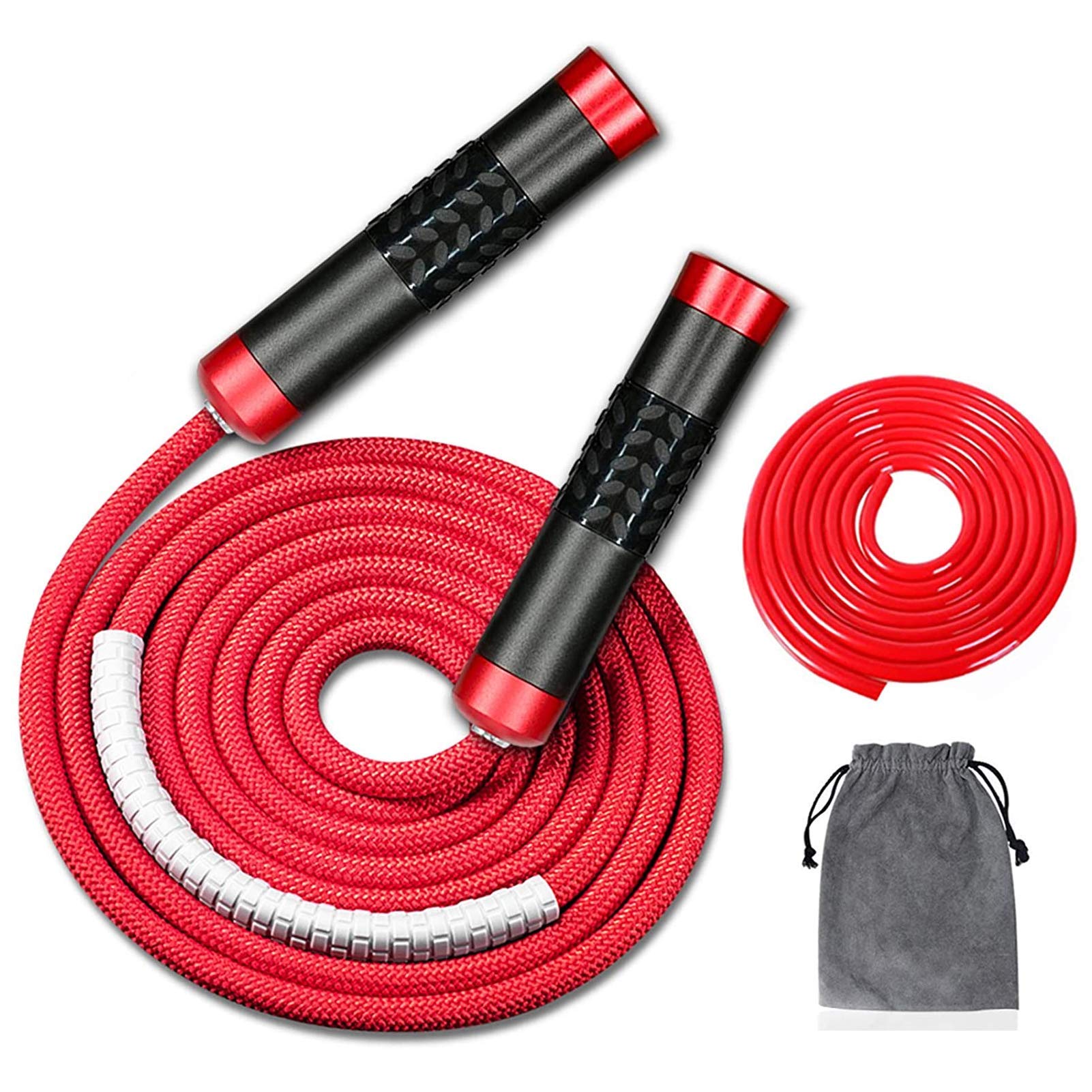 Redify Weighted Jump Rope for Workout Fitness(1LB), Tangle-Free Ball Bearing Rapid Speed Skipping Rope for MMA Boxing Weight-loss,Aluminum Handle Adjustable Length 9MM Fabric Cotton+9MM Solid PVC Rope The Champ Gear