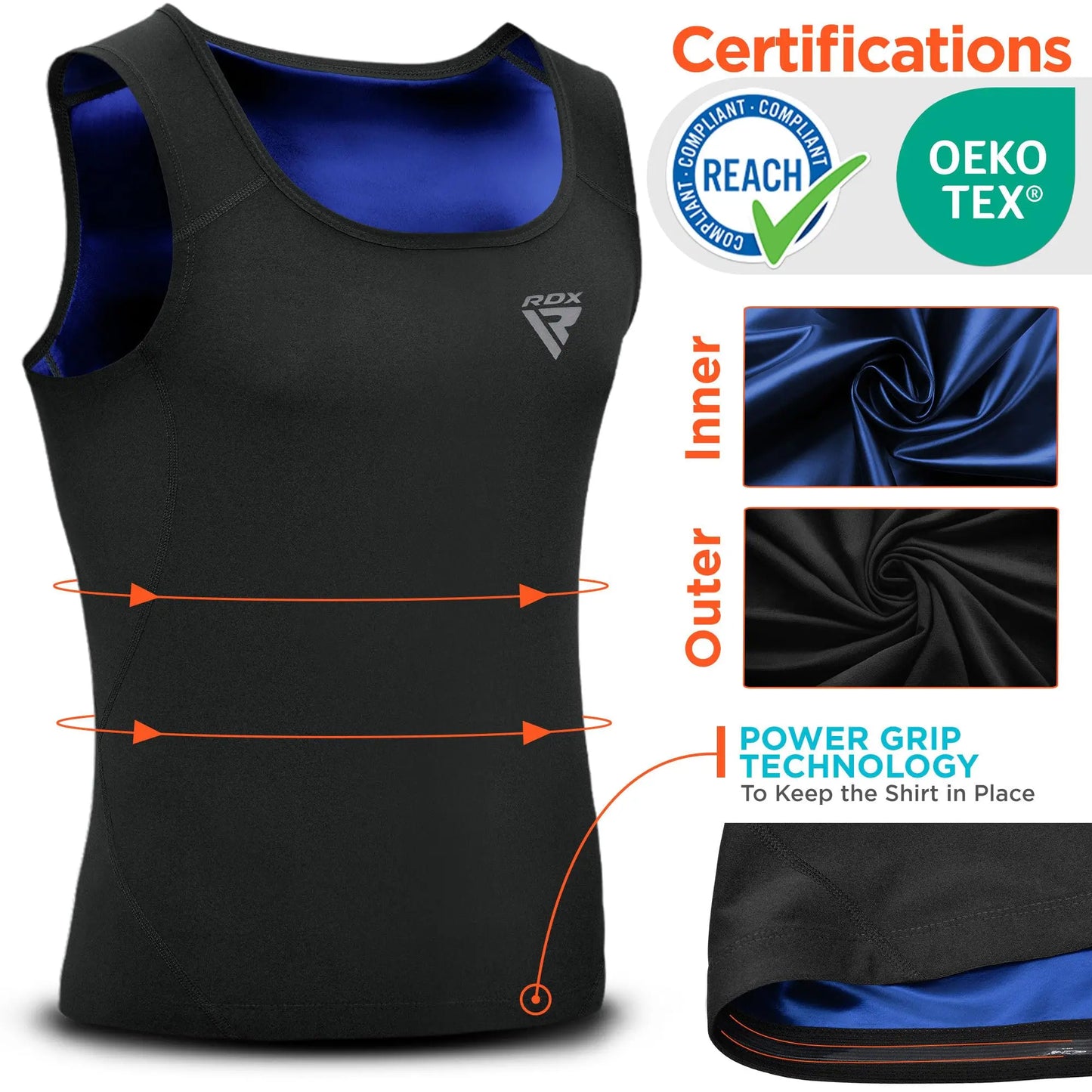 RDX Men's Sauna Vest Heat Trapping Sweat Waist Trainer - REACH OEKO TEX 100 Certified Body Shaper - Zipper - Fitness Tank Top The Champ Gear