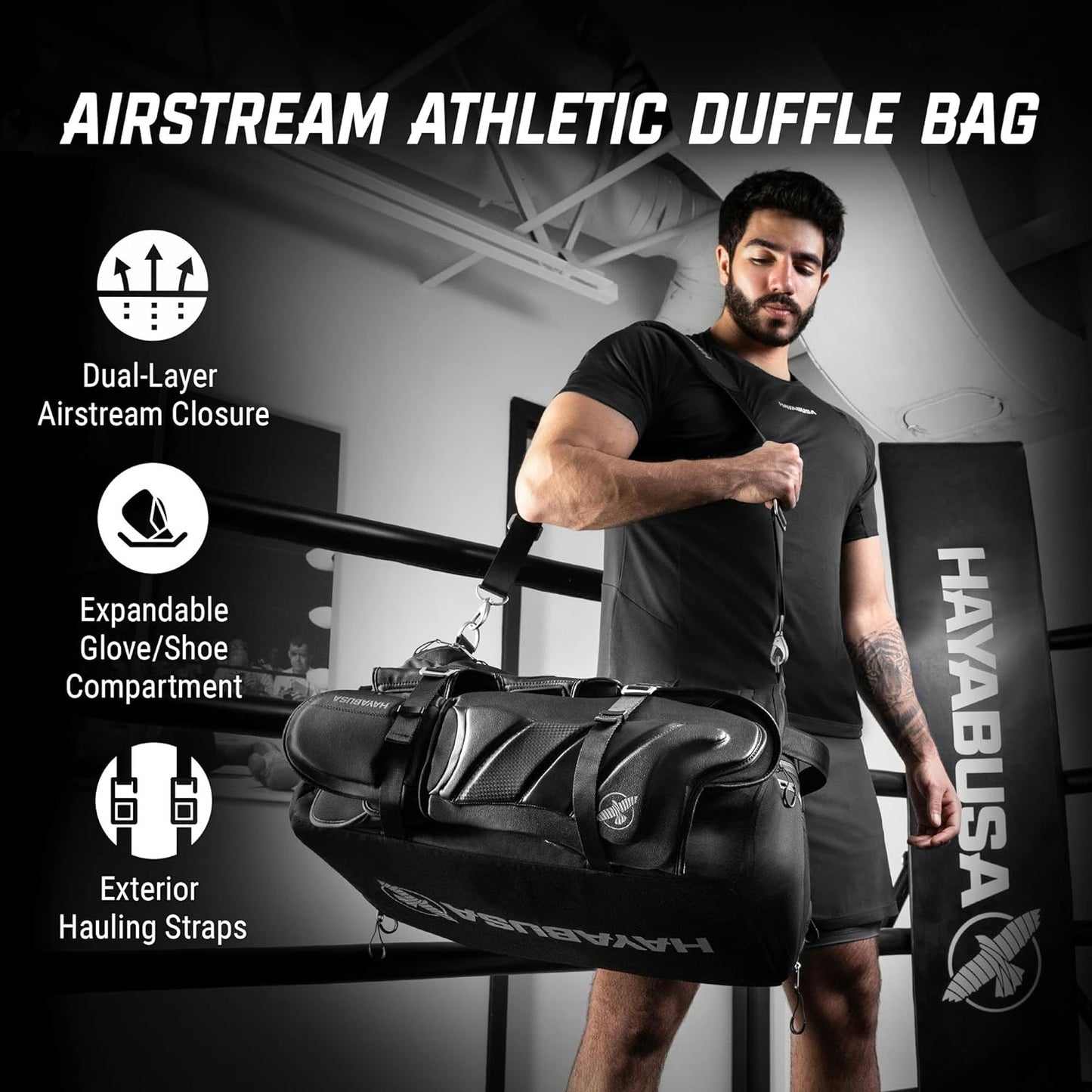 Hayabusa Airstream Athletic Duffle Gym Bag for Women and Men - Black, 50l Duffle Bag - 7 Zippered Pockets, Good for Travel, Boxing, MMA, BJJ, Kickboxing, Muay Thai, Wrestling, Glove/Shoe Compartment The Champ Gear