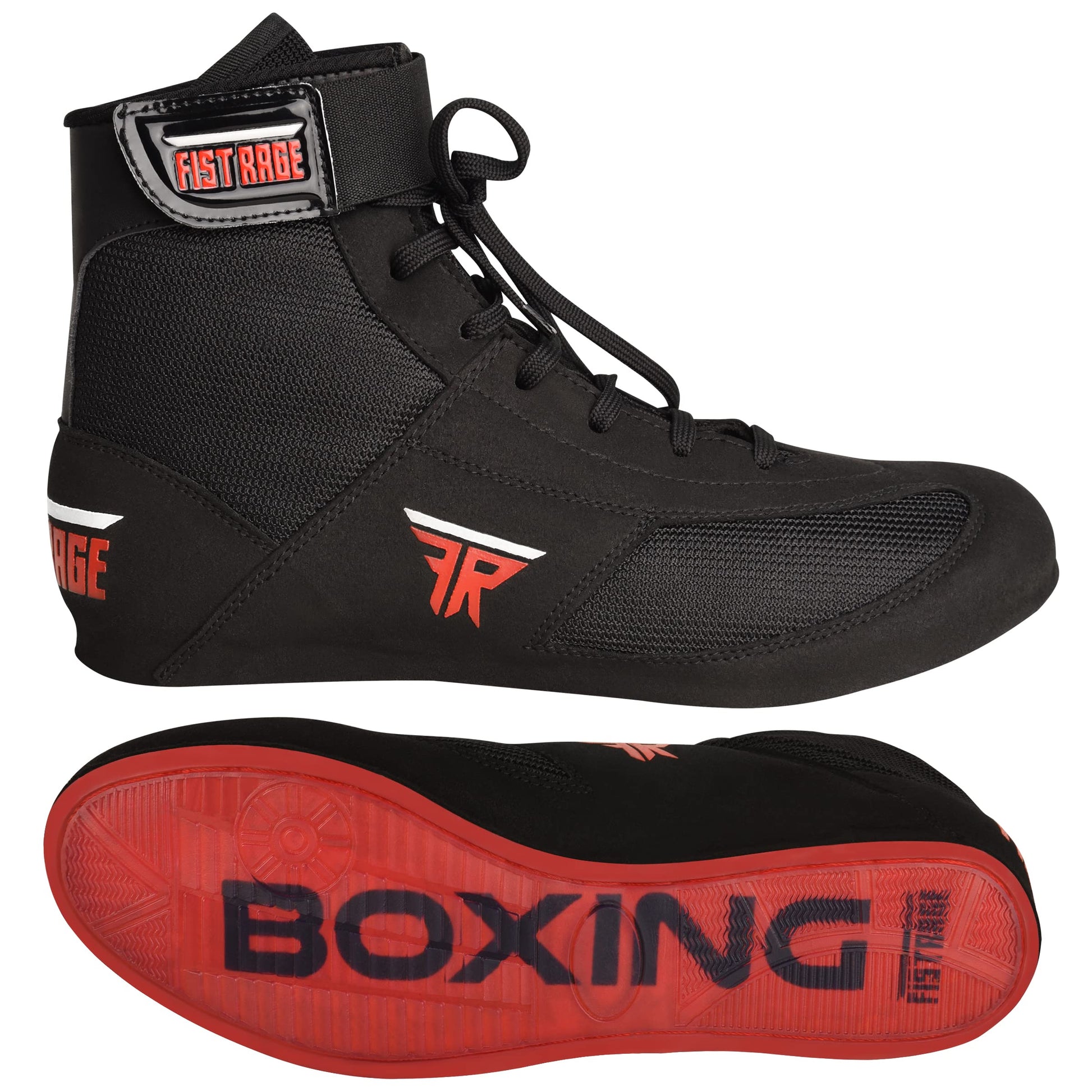 FISTRAGE Leather Kick Boxing Shoes Fighting Sports Master Training Mesh Unisex Pro Men's and Youth Genuine Boot Light Weight | Black Color Boxing Shoes for Adults The Champ Gear