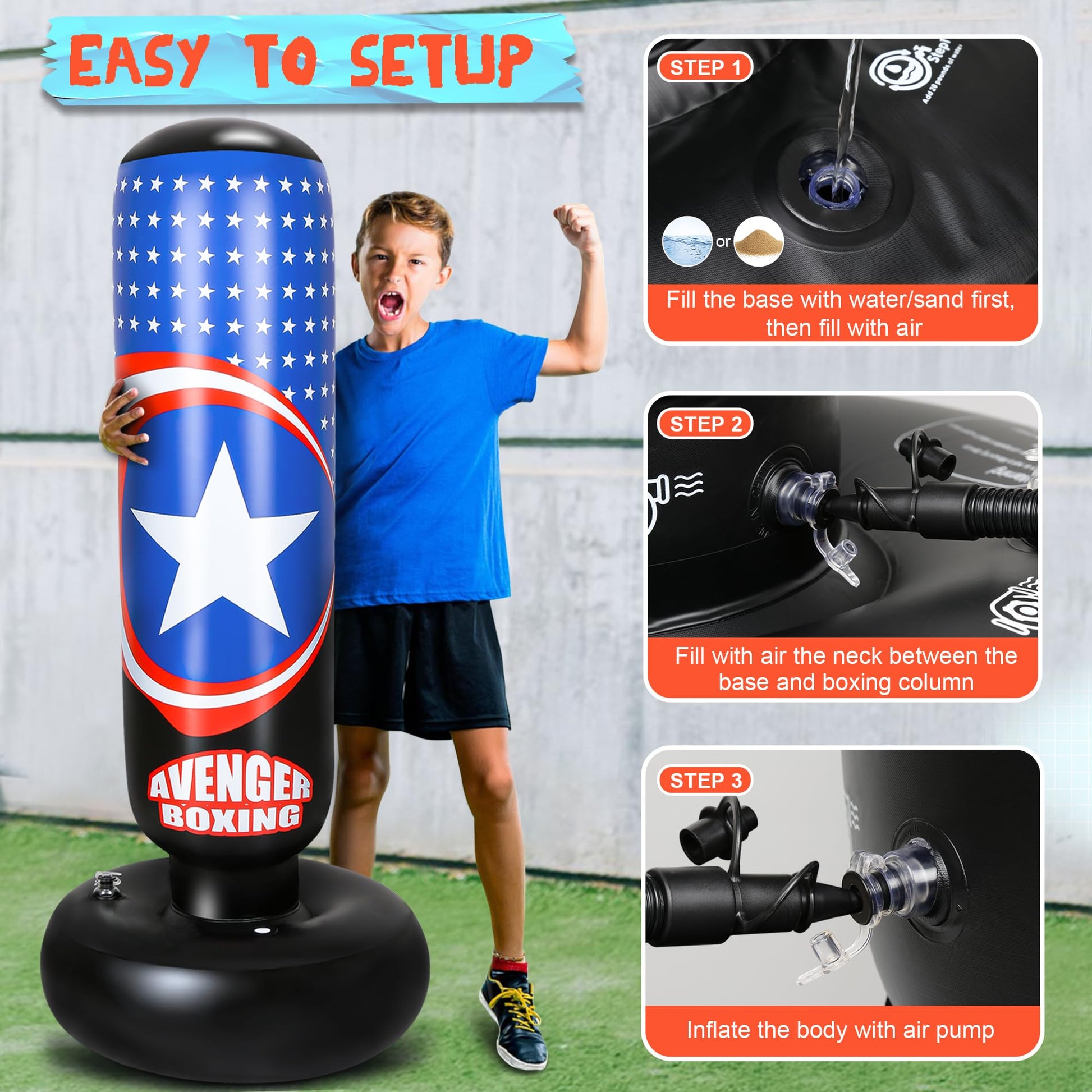 YasinKidz Punching Bag for Kids, All Star 66 Inch Kids Punching Bag with Gloves Inflatable Boxing Bag for Kids Karate, Taekwondo, MMA The Champ Gear