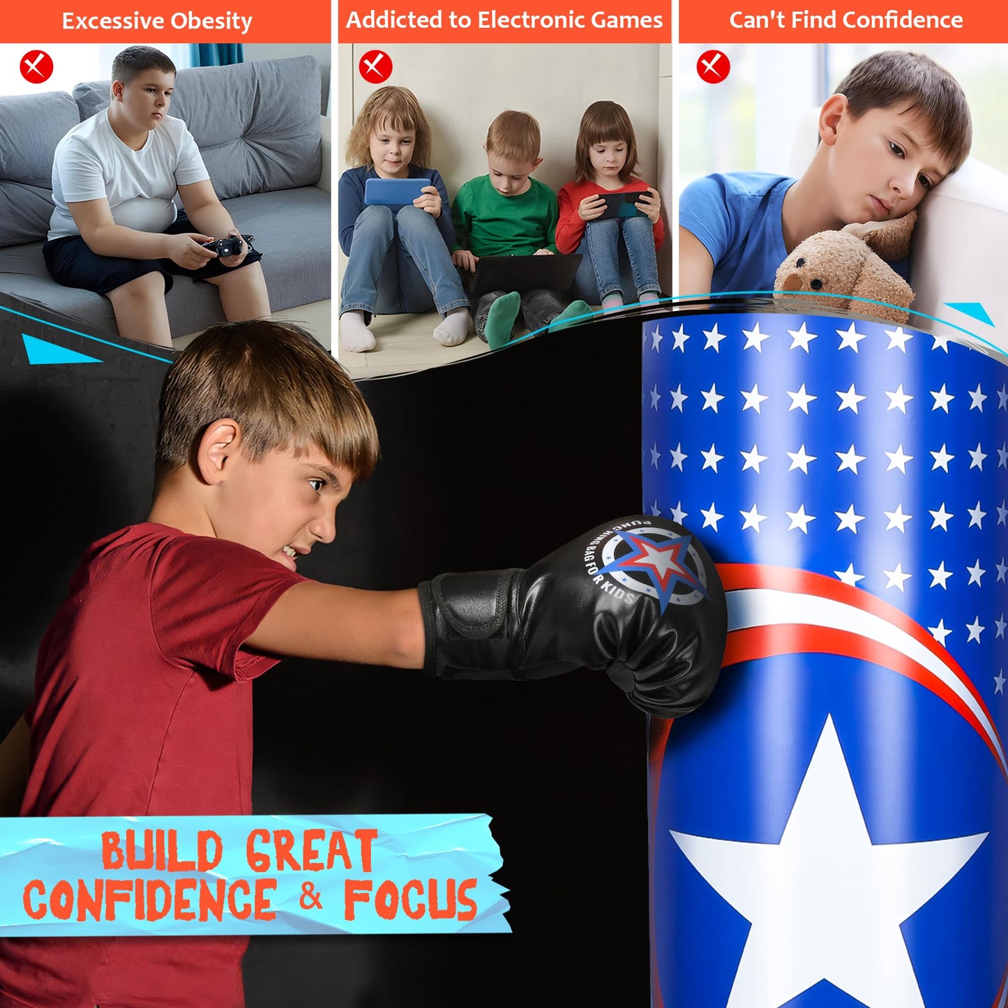 YasinKidz Punching Bag for Kids, All Star 66 Inch Kids Punching Bag with Gloves Inflatable Boxing Bag for Kids Karate, Taekwondo, MMA The Champ Gear