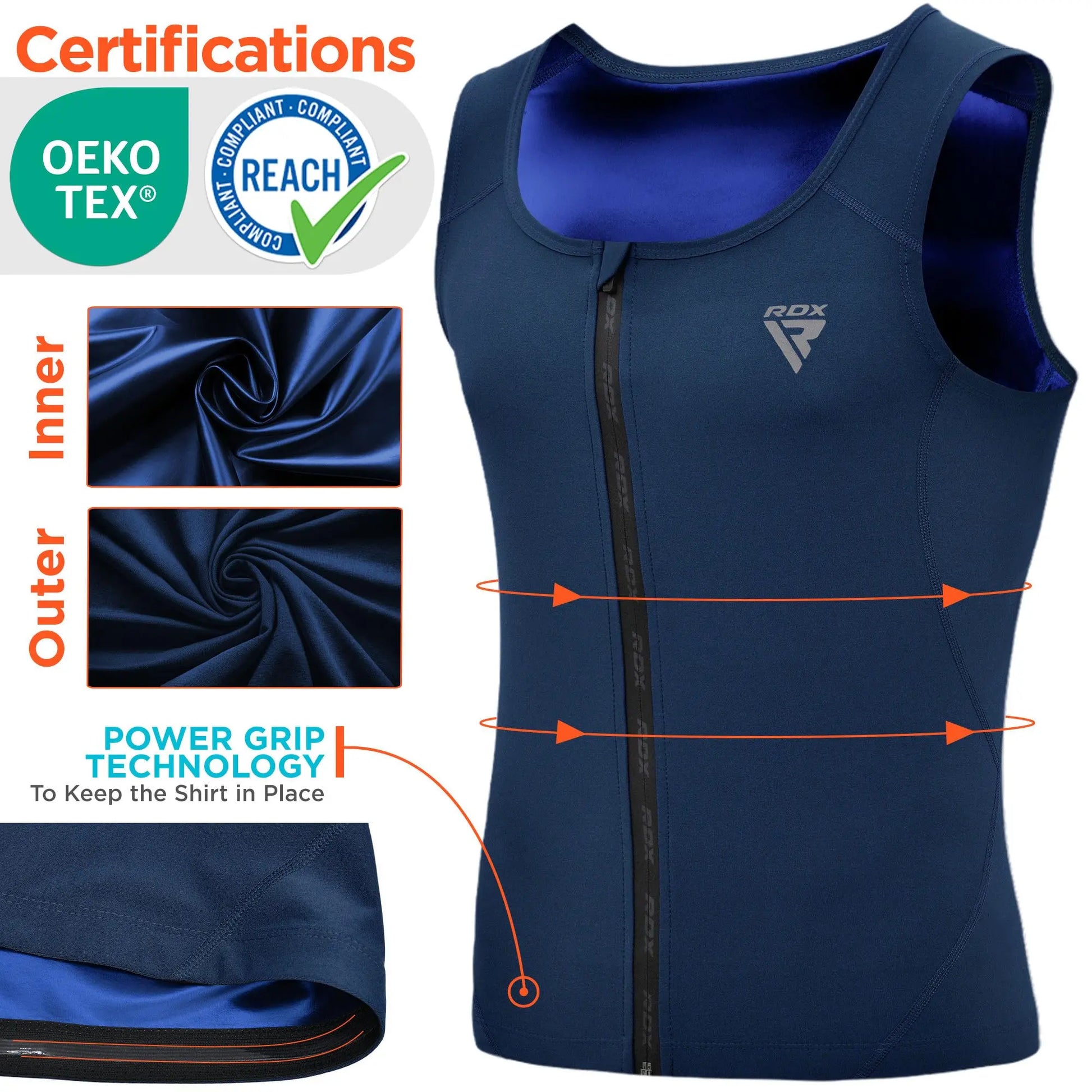 RDX Men's Sauna Vest Heat Trapping Sweat Waist Trainer - REACH OEKO TEX 100 Certified Body Shaper - Zipper - Fitness Tank Top The Champ Gear