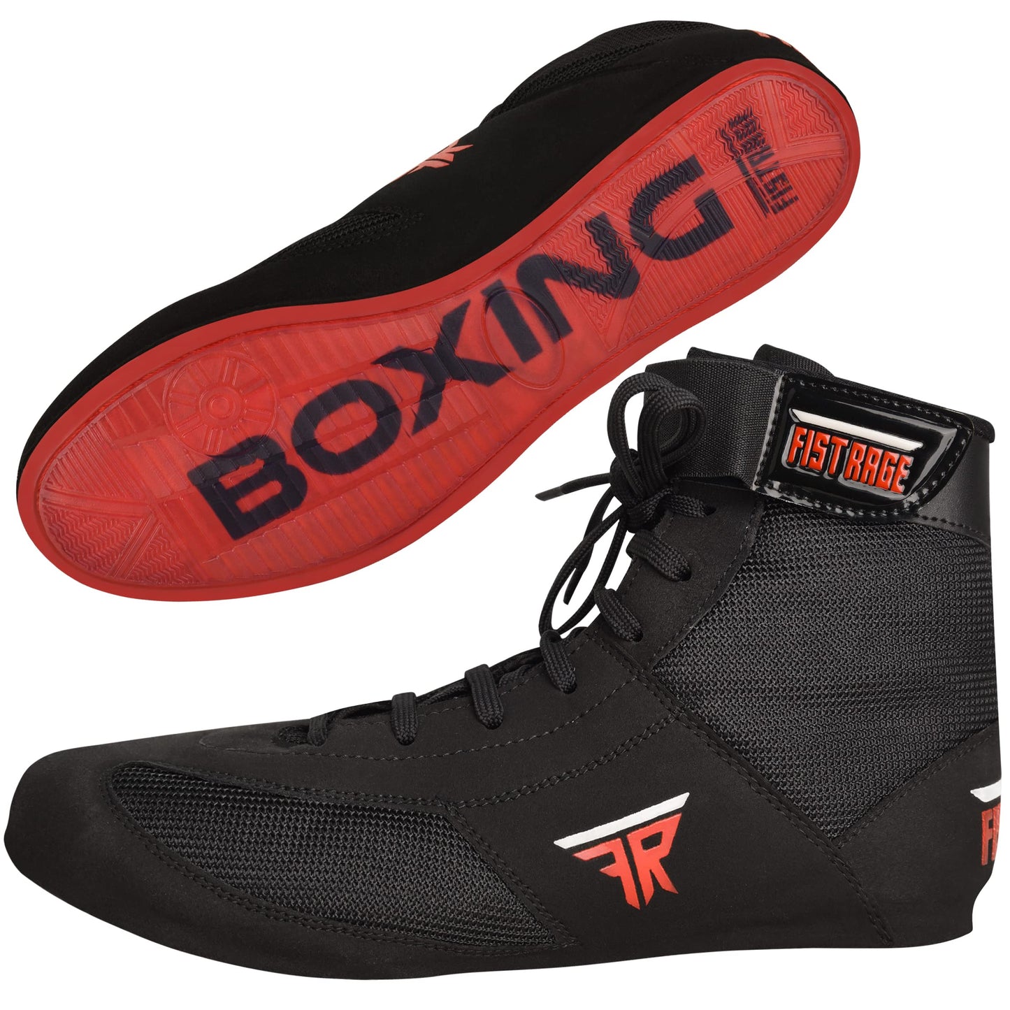 FISTRAGE Leather Kick Boxing Shoes Fighting Sports Master Training Mesh Unisex Pro Men's and Youth Genuine Boot Light Weight | Black Color Boxing Shoes for Adults The Champ Gear