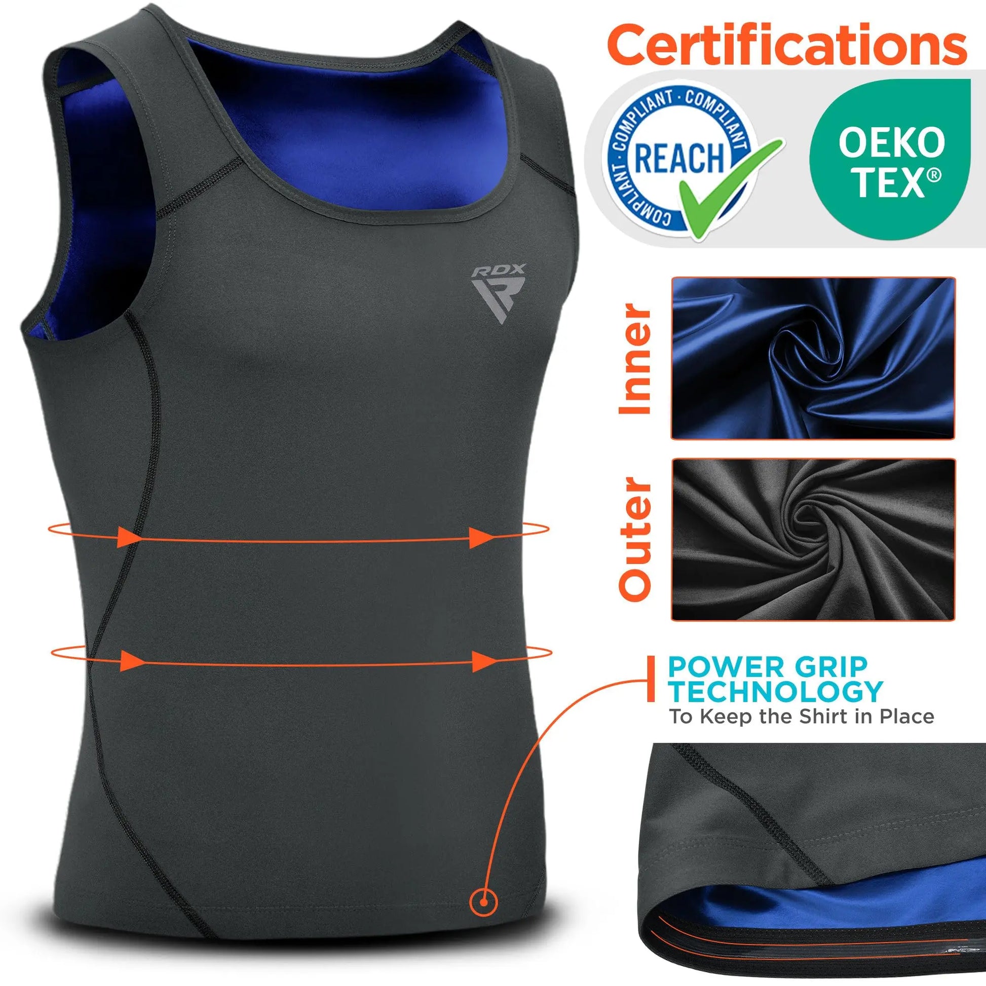 RDX Men's Sauna Vest Heat Trapping Sweat Waist Trainer - REACH OEKO TEX 100 Certified Body Shaper - Zipper - Fitness Tank Top The Champ Gear