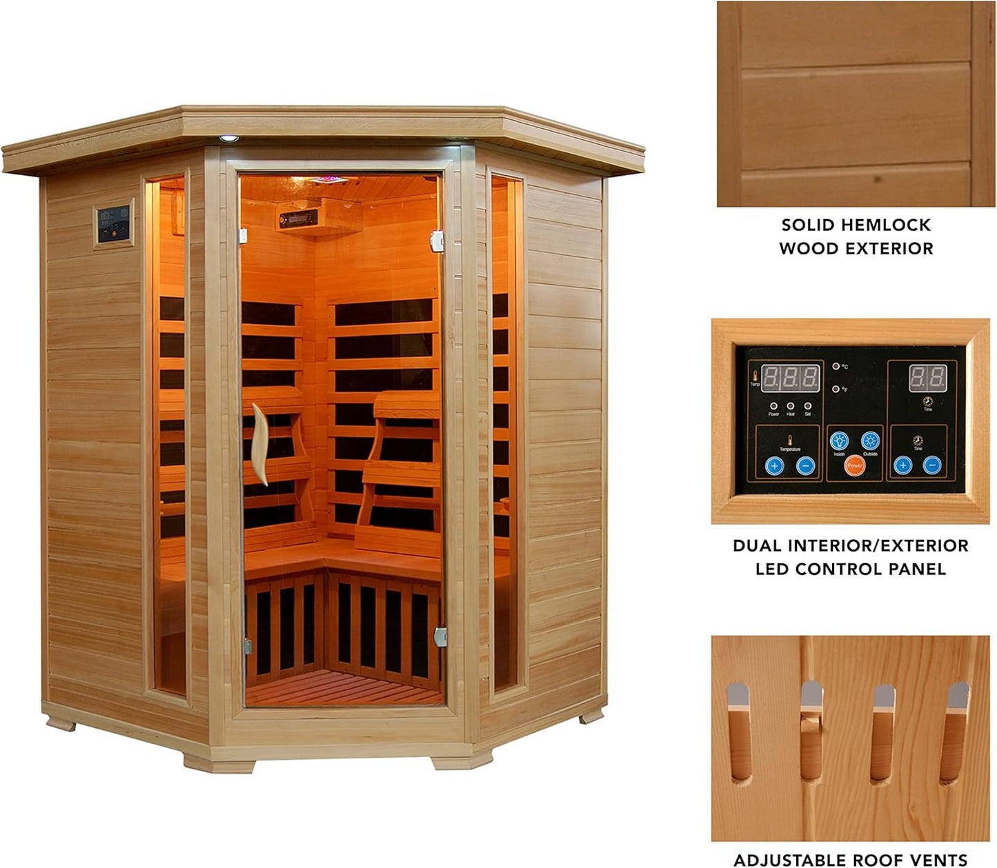 Radiant Saunas BSA2412 3-Person Hemlock Infrared Sauna with 7 Carbon Corner Heaters The Champ Gear