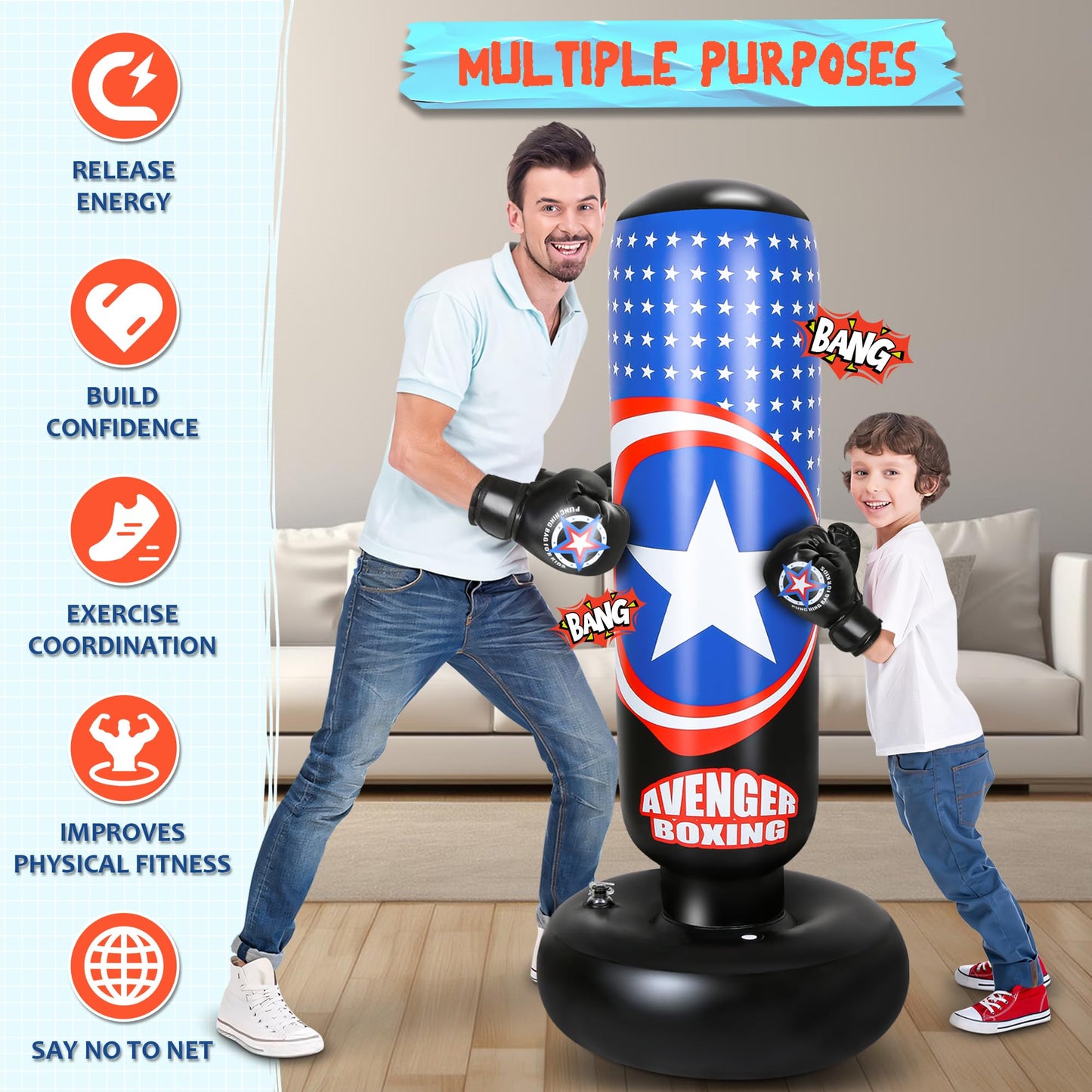 YasinKidz Punching Bag for Kids, All Star 66 Inch Kids Punching Bag with Gloves Inflatable Boxing Bag for Kids Karate, Taekwondo, MMA The Champ Gear