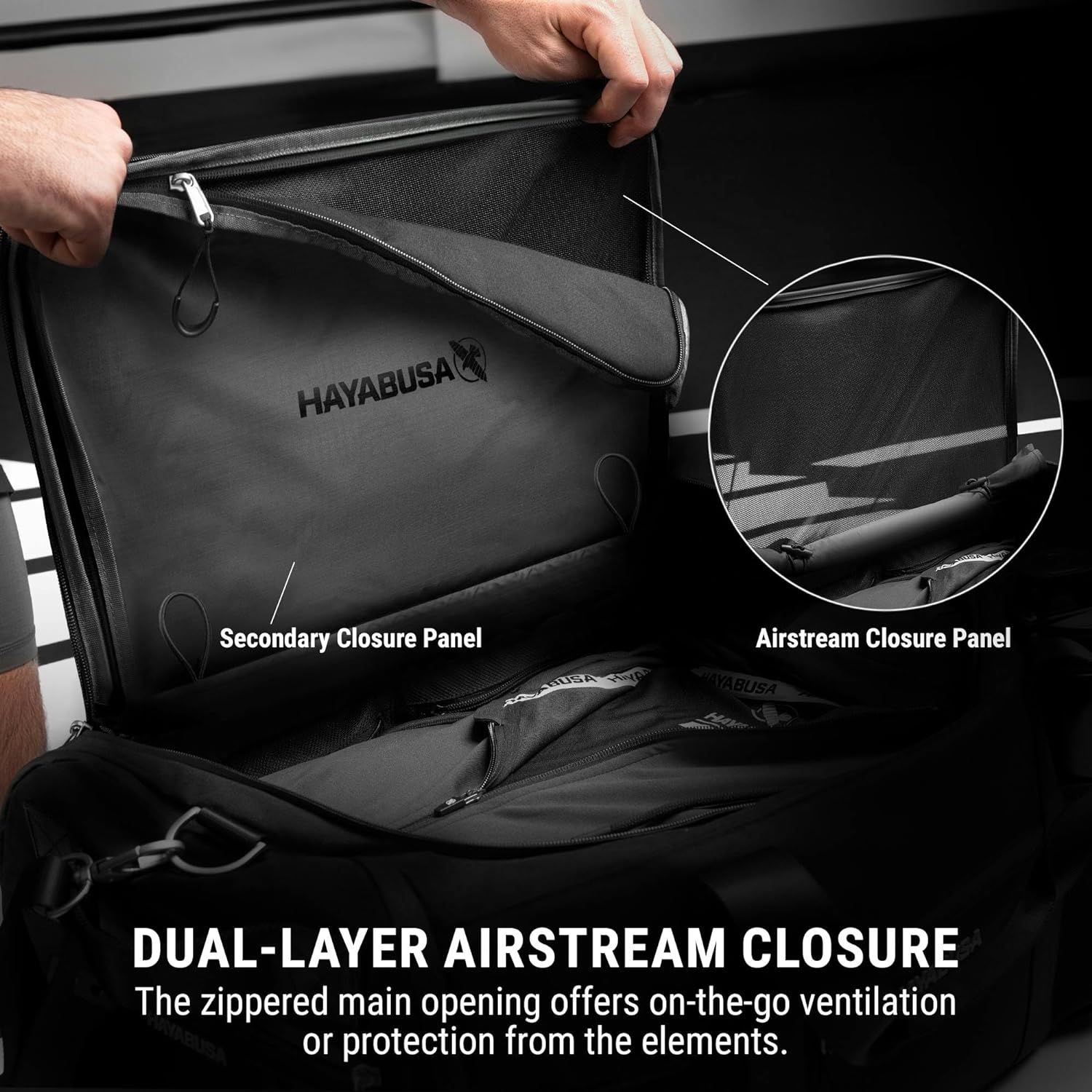 Hayabusa Airstream Athletic Duffle Gym Bag for Women and Men - Black, 50l Duffle Bag - 7 Zippered Pockets, Good for Travel, Boxing, MMA, BJJ, Kickboxing, Muay Thai, Wrestling, Glove/Shoe Compartment The Champ Gear