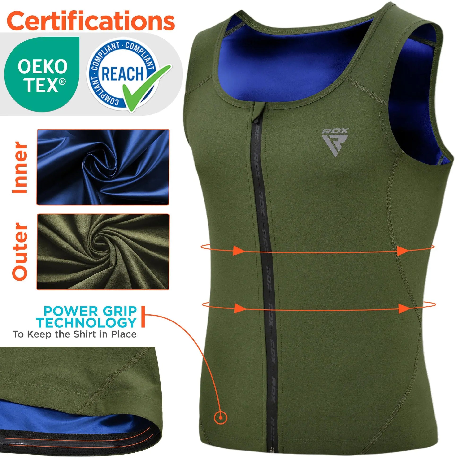 RDX Men's Sauna Vest Heat Trapping Sweat Waist Trainer - REACH OEKO TEX 100 Certified Body Shaper - Zipper - Fitness Tank Top The Champ Gear