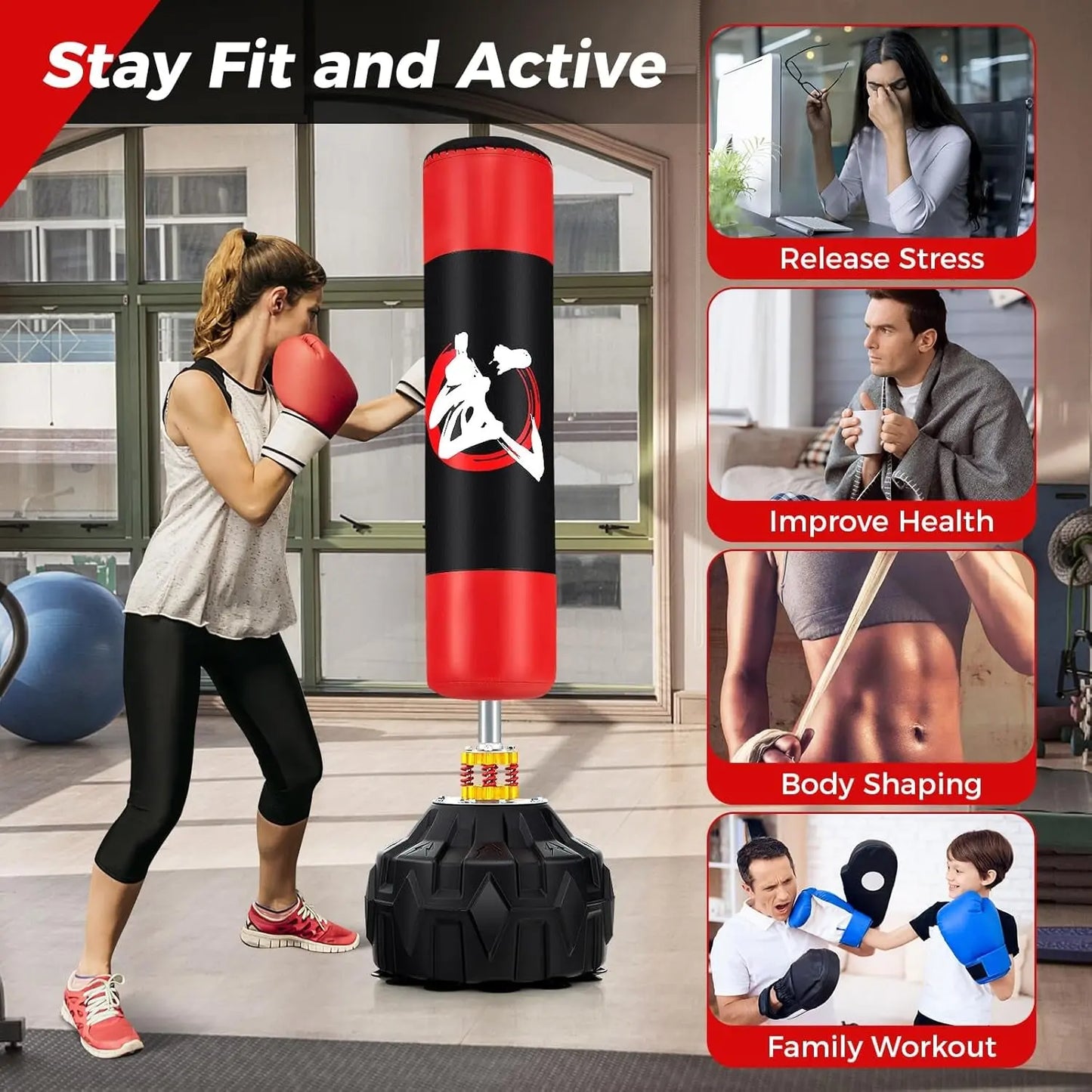 Freestanding Punching Bag, 70" Heavy Boxing Bag W/Fillable Base, 12 Suction Cups, Shock Absorbers, Kickboxing Bag with Stand for Men Women Adults Teens MMA Boxing Training Muay Thai