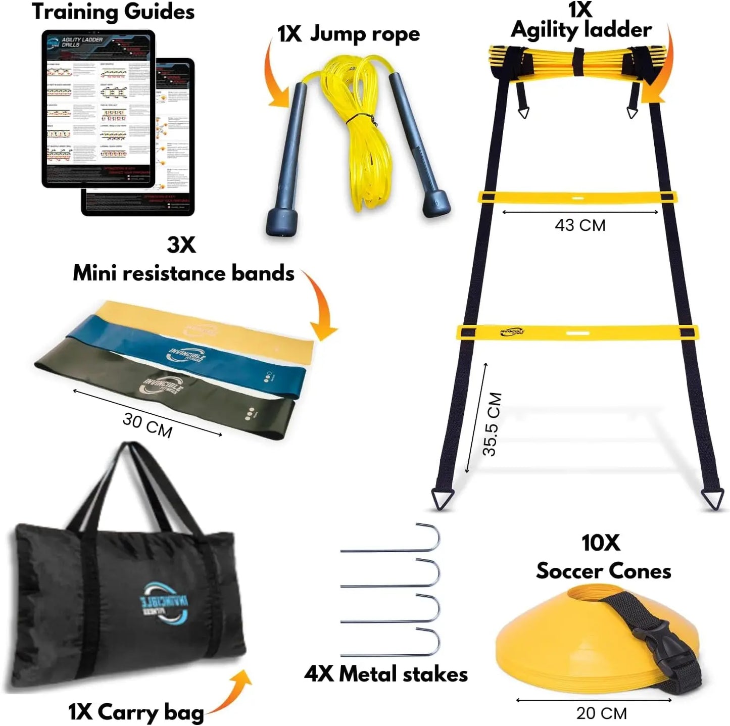 Agility Ladder Set - Enhance Speed, Coordination and Strength for Soccer and Ground Footwork Workouts, Includes 10 Cones, 3 Resistance Bands and Jump Rope