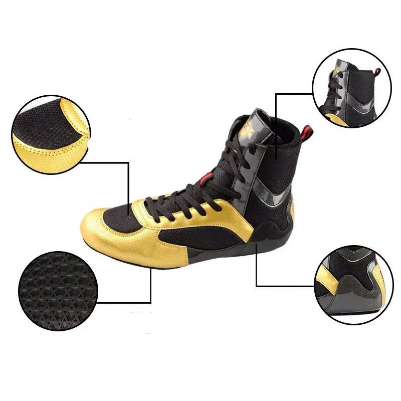 Big Size 36-47 Breathable Boxing Shoes Men Gold/ Black Quality Flighting Boxing Sneakers Male - The Champ Gear