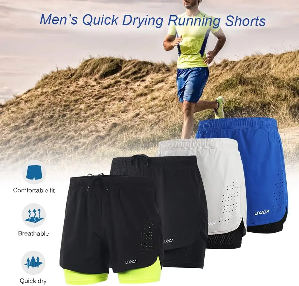 Men'S 2-In-1 Running Shorts Quick Drying Breathable Active Training Exercise Jogging Cycling Shorts with Longer Liner