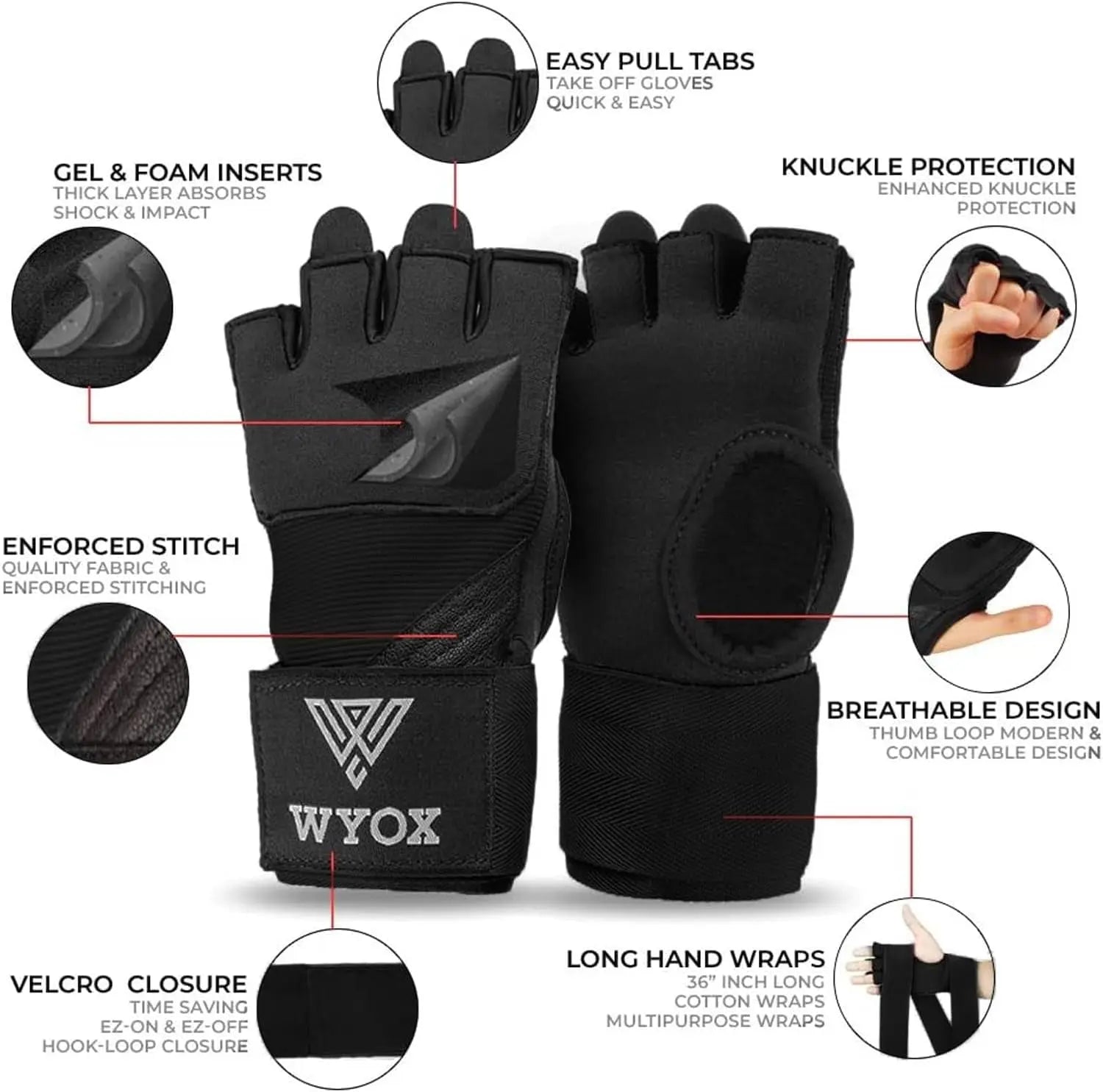 Gel Boxing Hand Wraps Inner Gloves for Men & Women, 80Cm Quick Wrist Wraps Guard, Padded Knuckle Protection for Muay Thai MMA Kickboxing Punching Bag Gloves, Hand Wraps for Boxing & Martial Arts